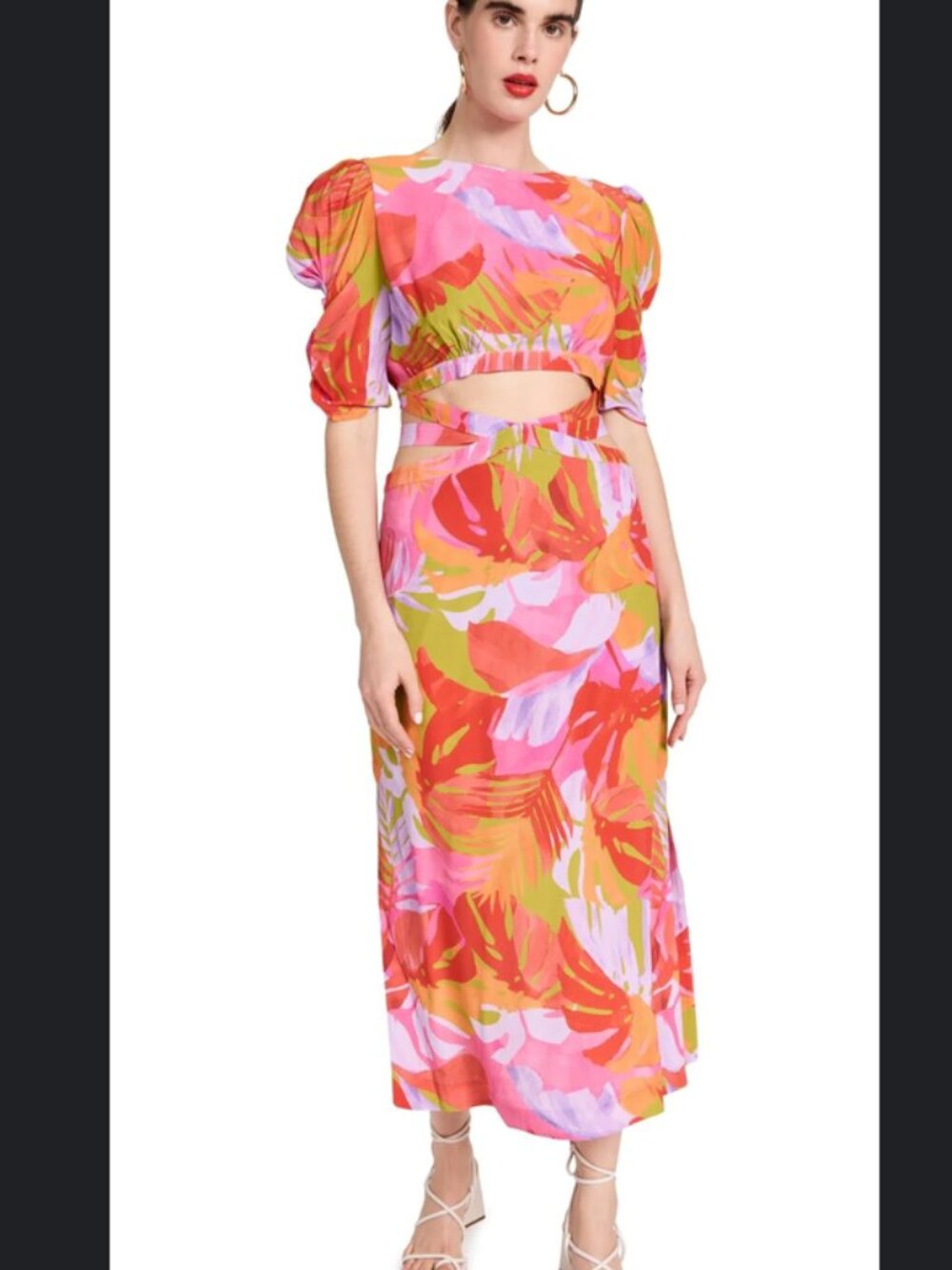 FARM Rio Colorful Leaves Cut-Out Midi Dress Pink Orange Multicolor – S – EUC